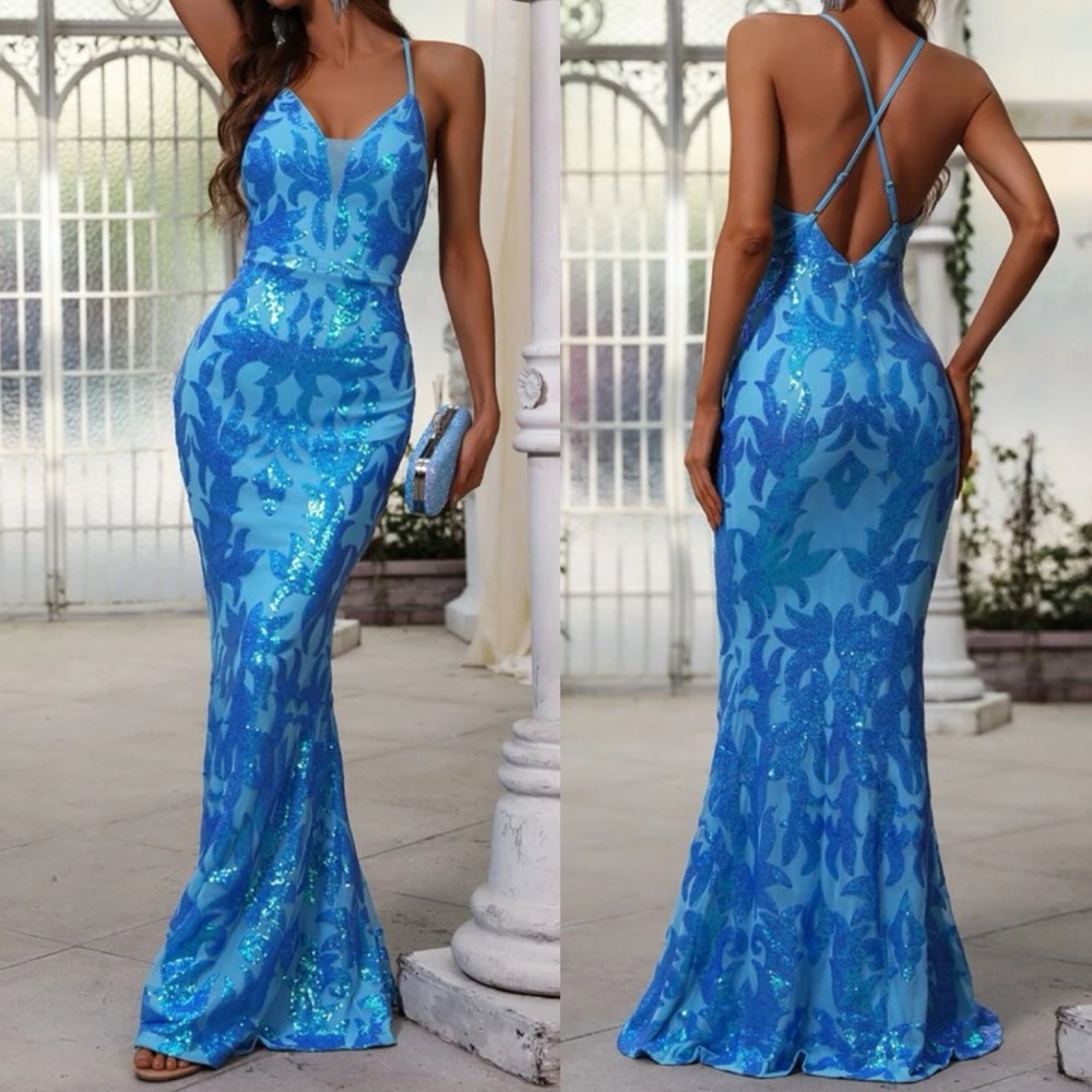Luxe blue party formal evening prom wedding dress